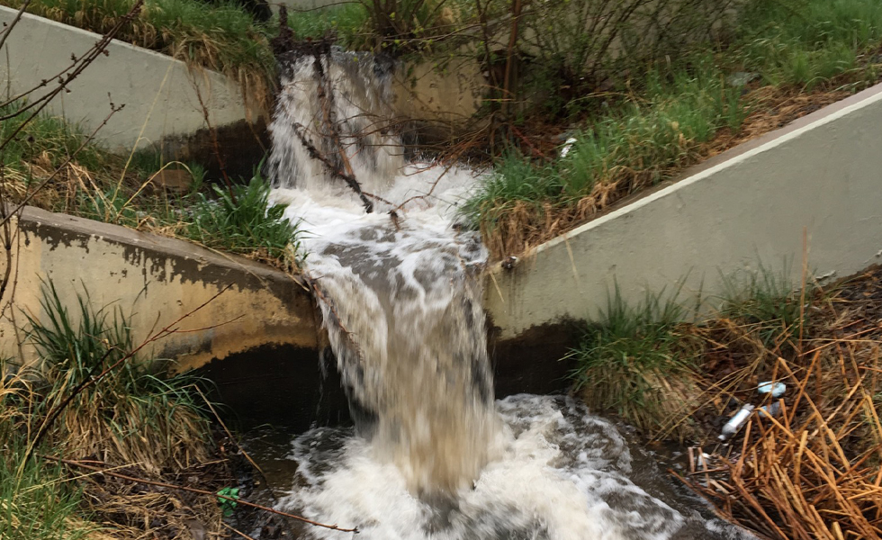 Photo of water flowing from a drainage structure, down a step-wise concrete flow dissipater, and into a vegetated area.