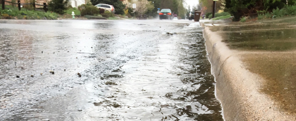 Photo of stormwater flowing in the curbside gutter of a residential street.